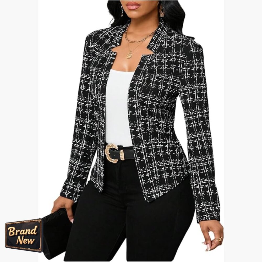 Plaid Tweed Blazer Open Front Long Sleeve Business Jacket Regular Fit